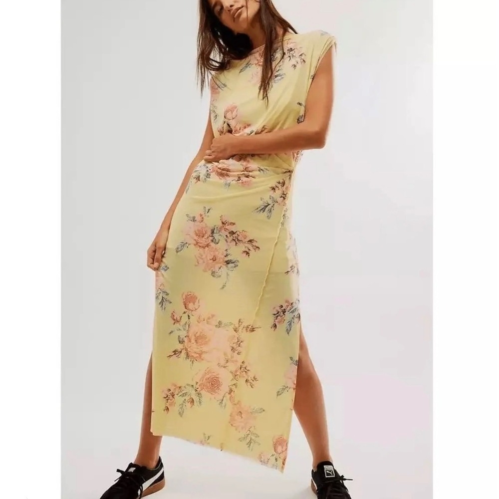 Free People Small Carmel Yellow Floral Bodycon Midi Maxi Dress Y2K 90s